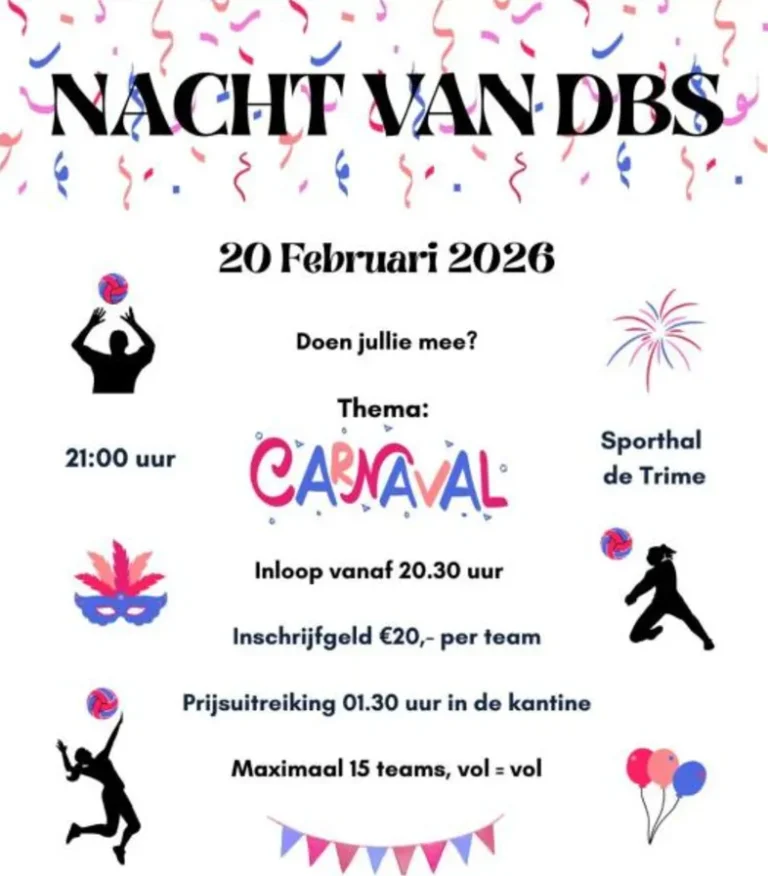 Poster van de Nacht van DBS op 20 februari 2026 met thema carnaval